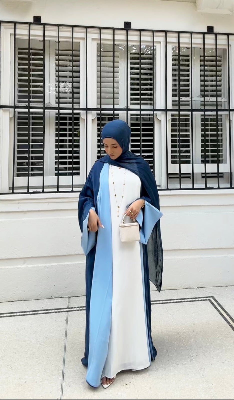 White Dress with Navy Abaya for Casual Elegance — Hijab Outfits