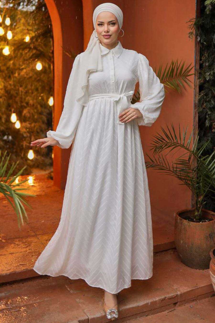 White Maxi Dress with Tie Waist for Modest Fashion — Hijab Outfits