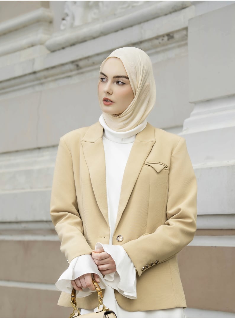 Cream Blazer and White Turtleneck for Business Casual — Hijab Outfits