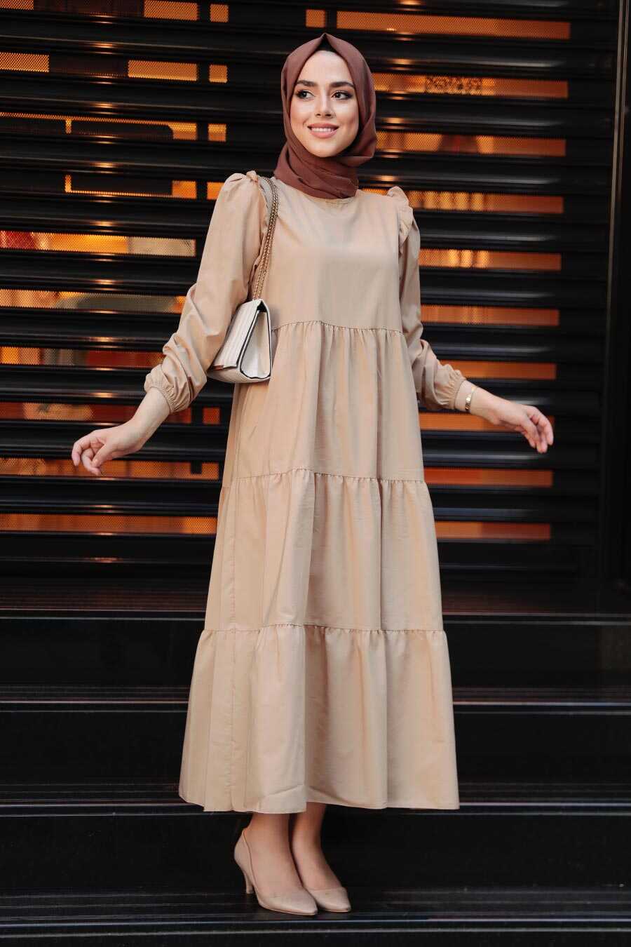 Beige Tiered Dress with Puff Sleeves for Casual Days — Hijab Outfits