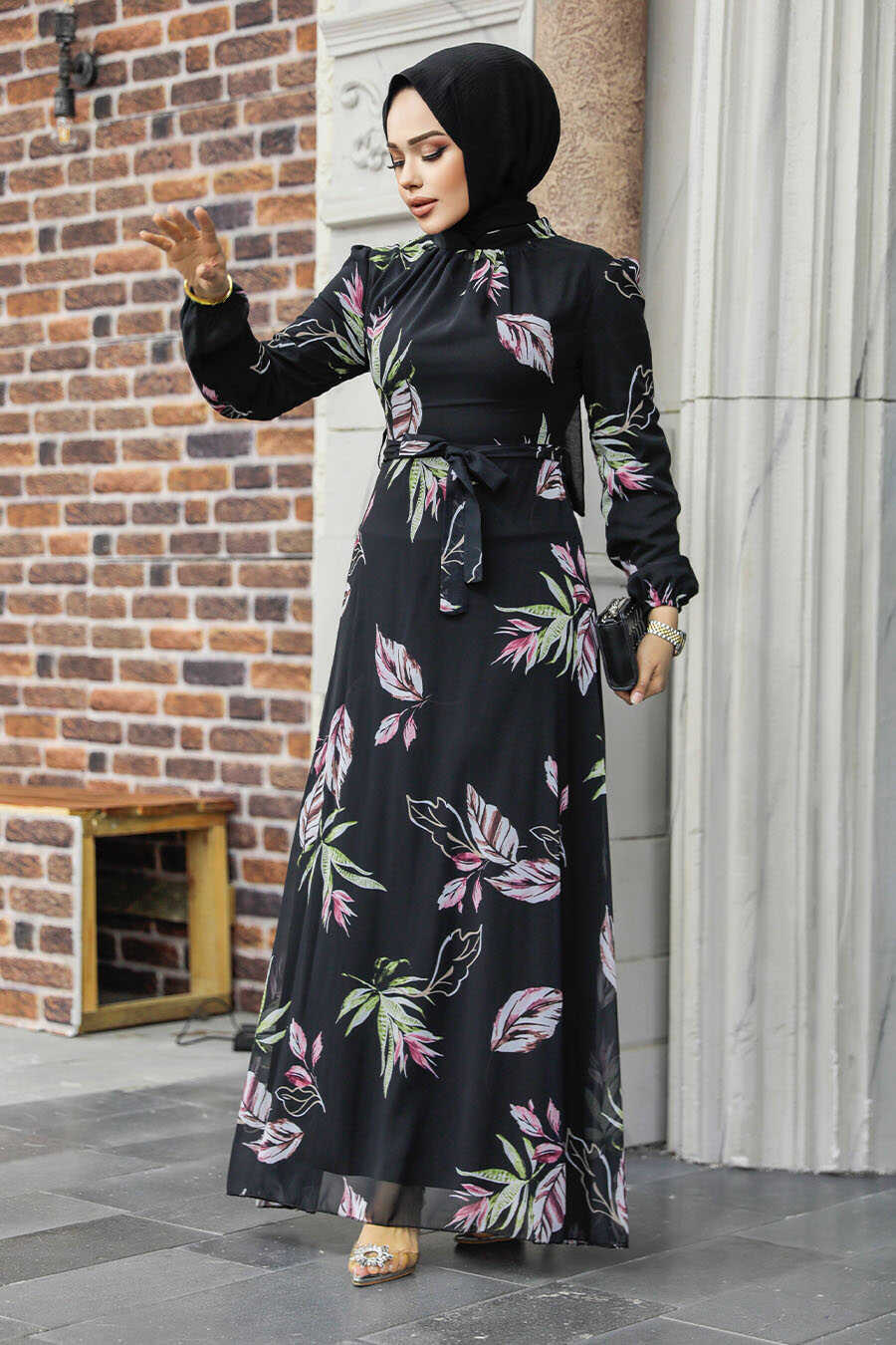 Black Floral A-line Dress with Belt for Casual Outings — Hijab Outfits