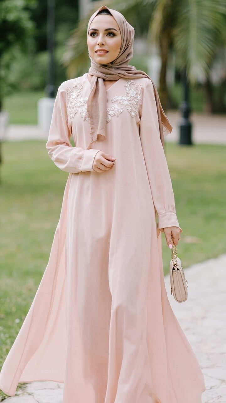 Pale Pink Dress with Embroidered Bodice for Casual Outings — Hijab Outfits