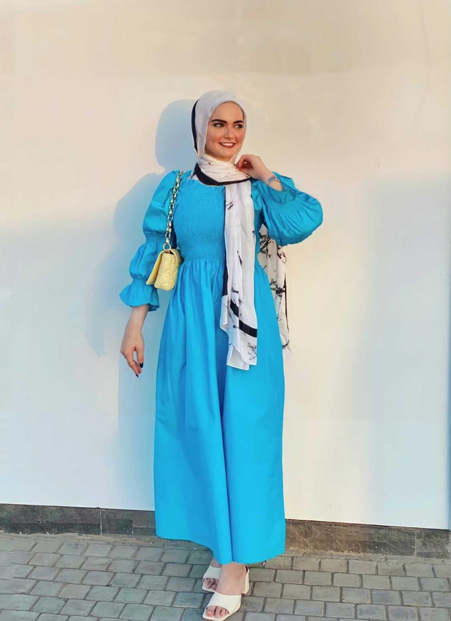 Bright Blue Smocked Dress with Voluminous Sleeves — Hijab Outfits