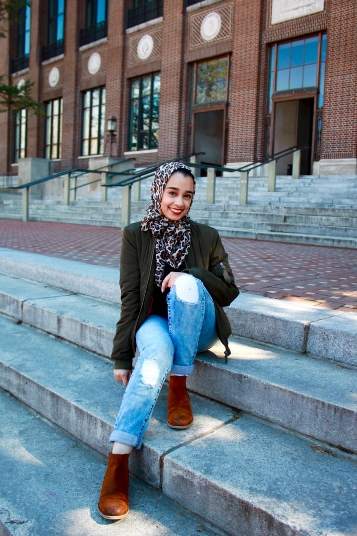 Bomber Jacket and Leopard Print Hijab for Street Style — Hijab Outfits