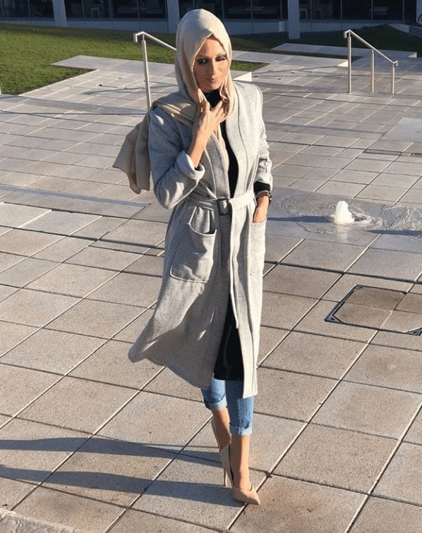 Gray Belted Coat for Smart Casual Polish — Hijab Outfits
