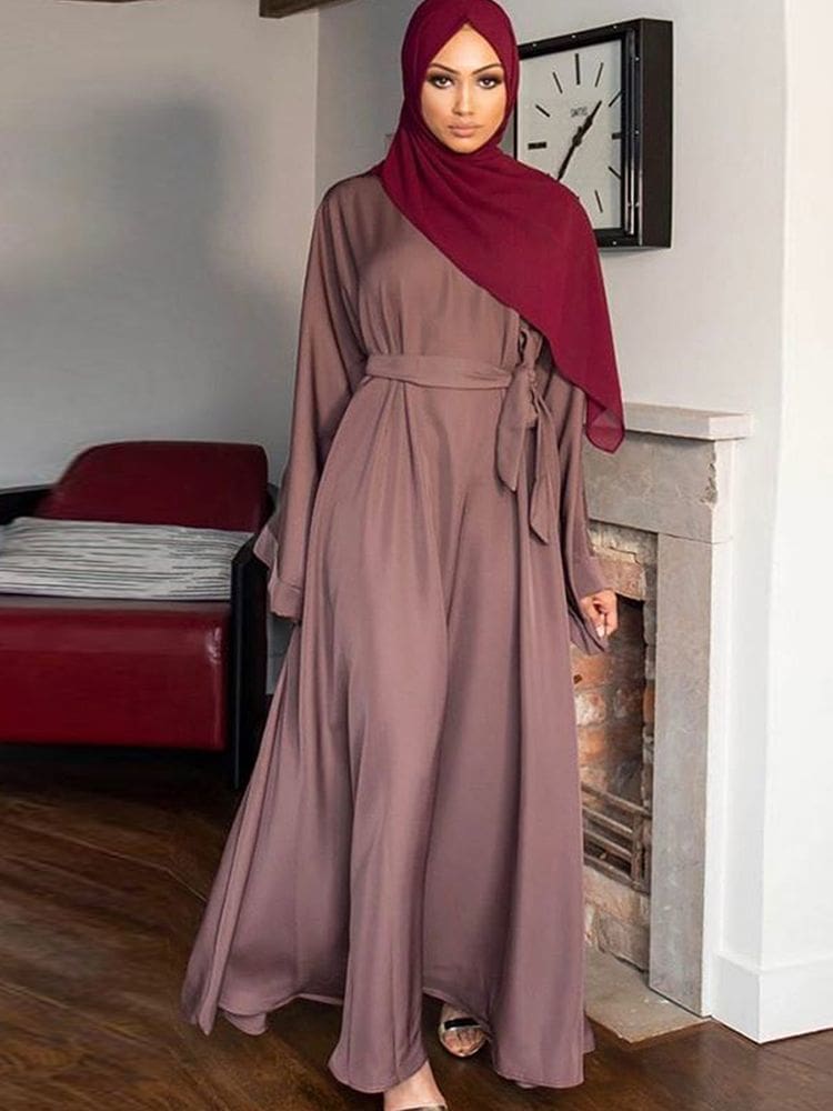 Taupe Abaya Dress with Tie Waist for Everyday Comfort — Hijab Outfits