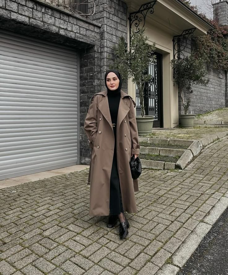 Taupe Trench Coat and Black Turtleneck for Chic Sophistication — Hijab Outfits