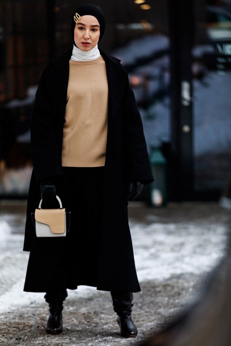 Black Coat and Midi Skirt for Cold Weather Layering — Hijab Outfits