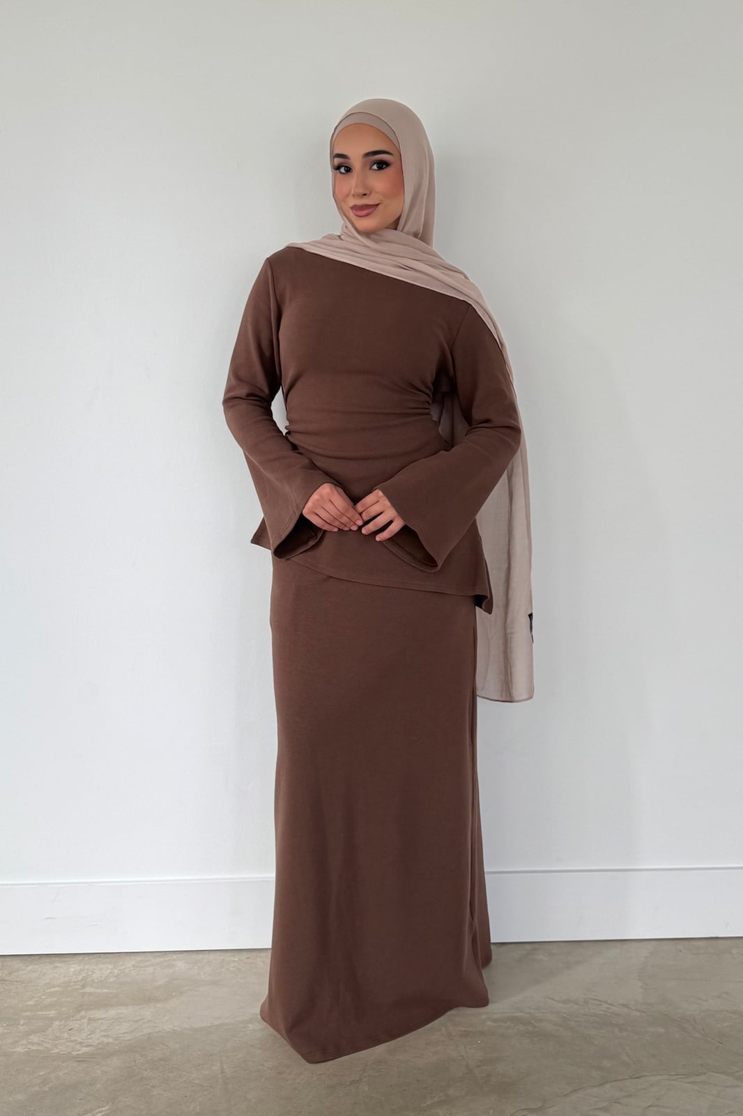 Brown Ruched Top and Skirt Set for Casual Comfort — Hijab Outfits