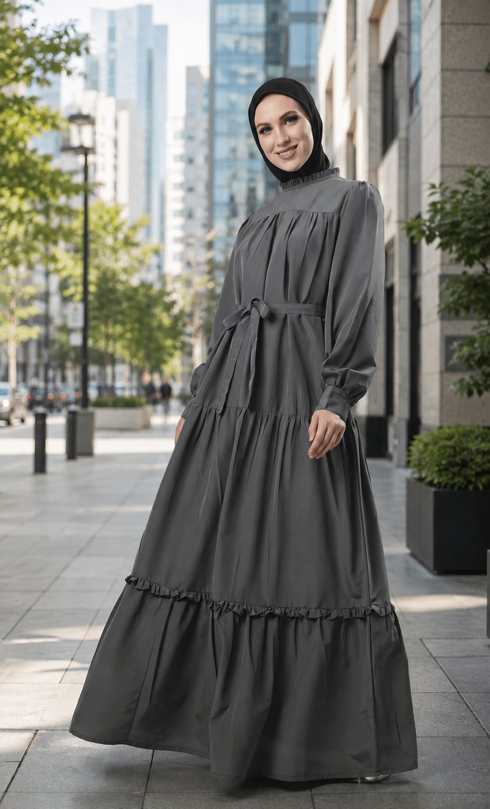 Gray Tiered Dress with Ruffled Hem for Casual Chic — Hijab Outfits
