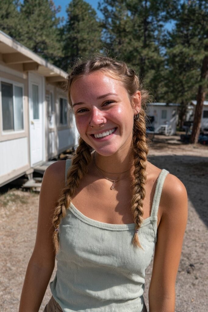 Shoulder Length Neat Double Braids Shoulder Length Neat Double Braids — Hiking Hairstyles