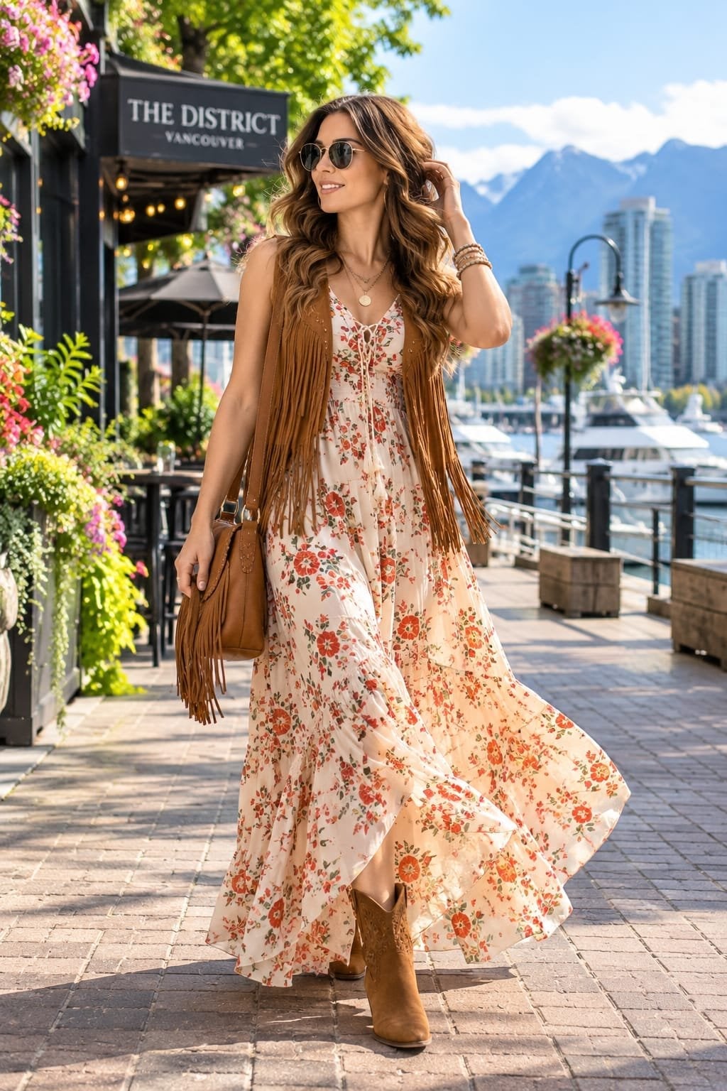 Floral Maxi Dress With Suede Fringe Vest Floral Maxi Dress With Suede Fringe Vest — Hippie Outfits