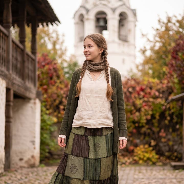 Patchwork Maxi Skirt With Cardigan, Olive Green Patchwork Maxi Skirt With Cardigan, Olive Green — Hippie Outfits