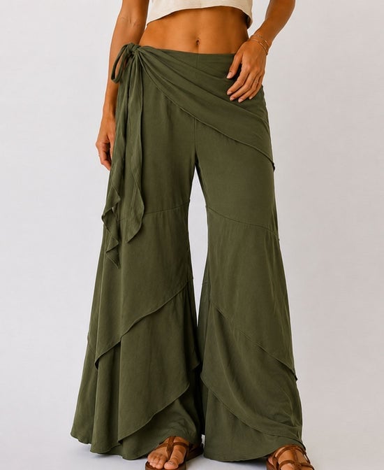 Olive Green Wide-Leg Pants With Wrap Detail Olive Green Wide-Leg Pants With Wrap Detail — Hippie Outfits