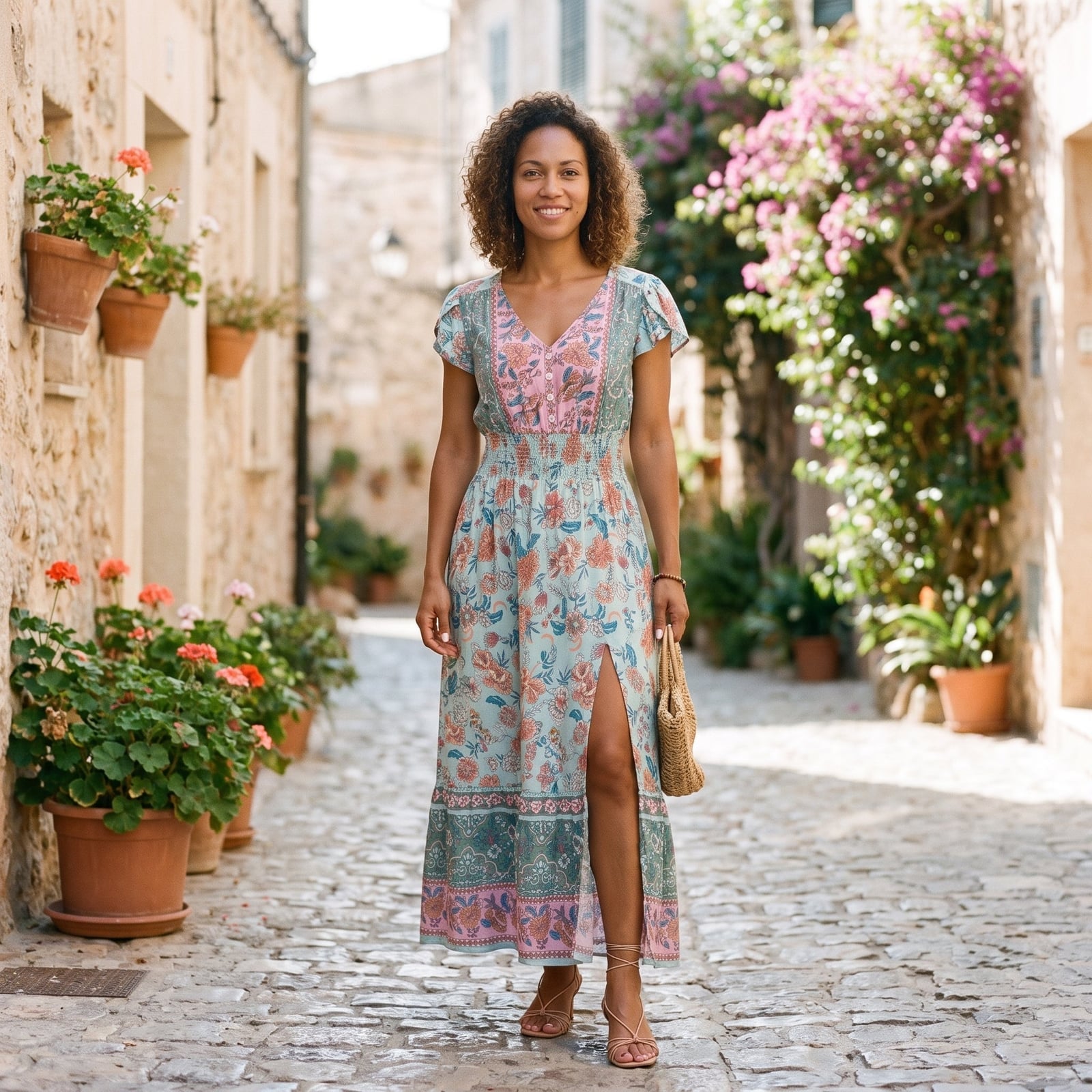 Floral Maxi Dress With High Slit And Straw Bag Floral Maxi Dress With High Slit And Straw Bag — Hippie Outfits