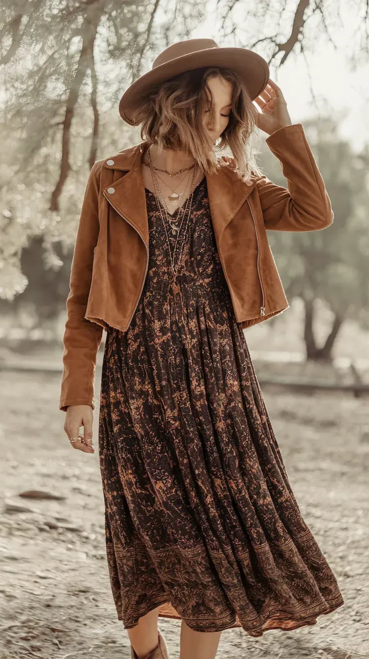 Floral Maxi Dress Under Suede Moto Jacket Floral Maxi Dress Under Suede Moto Jacket — Hippie Outfits