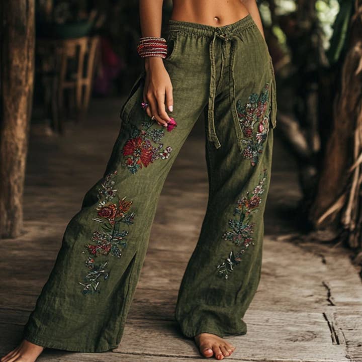 Embroidered Wide-Leg Pants With Drawstring Waist Embroidered Wide-Leg Pants With Drawstring Waist — Hippie Outfits