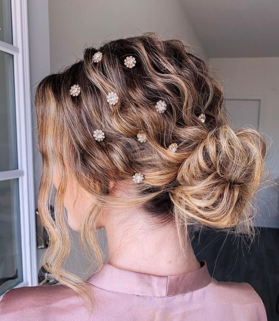 Low Bun With Jeweled Pins Low Bun With Jeweled Pins — Holiday Hairstyles