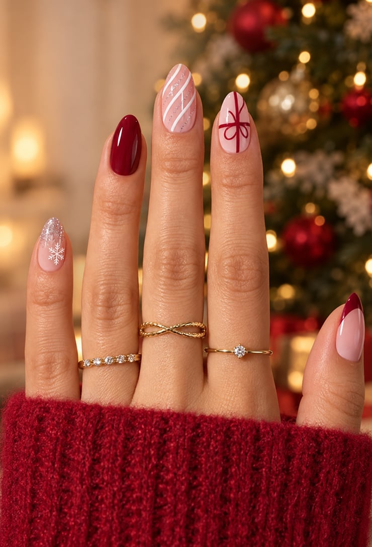 Short Almond Holiday Mix With Pink Bow Short Almond Holiday Mix With Pink Bow — Holiday Nail Designs