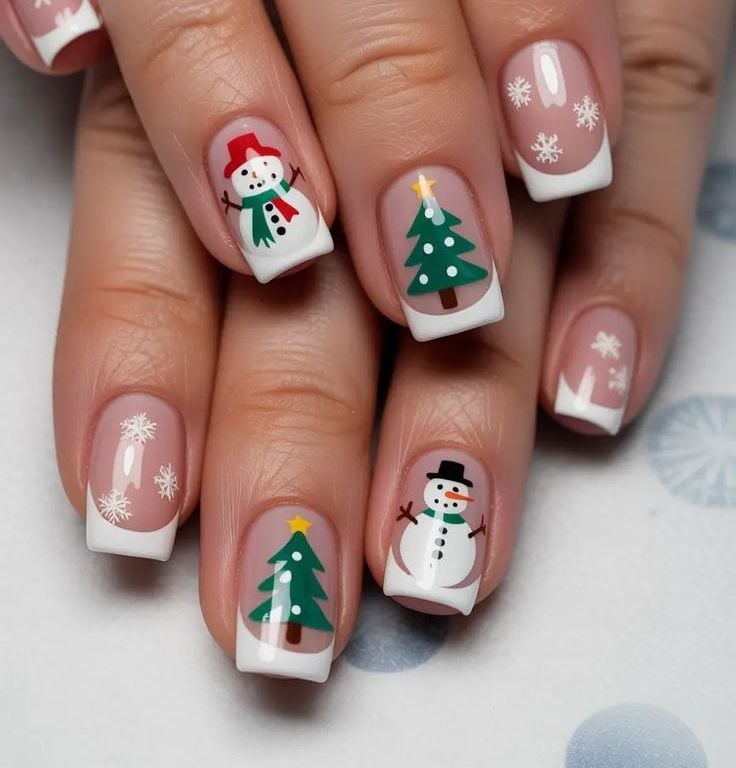 Short Square Snowman Christmas Tree Nails Short Square Snowman Christmas Tree Nails — Holiday Nail Designs