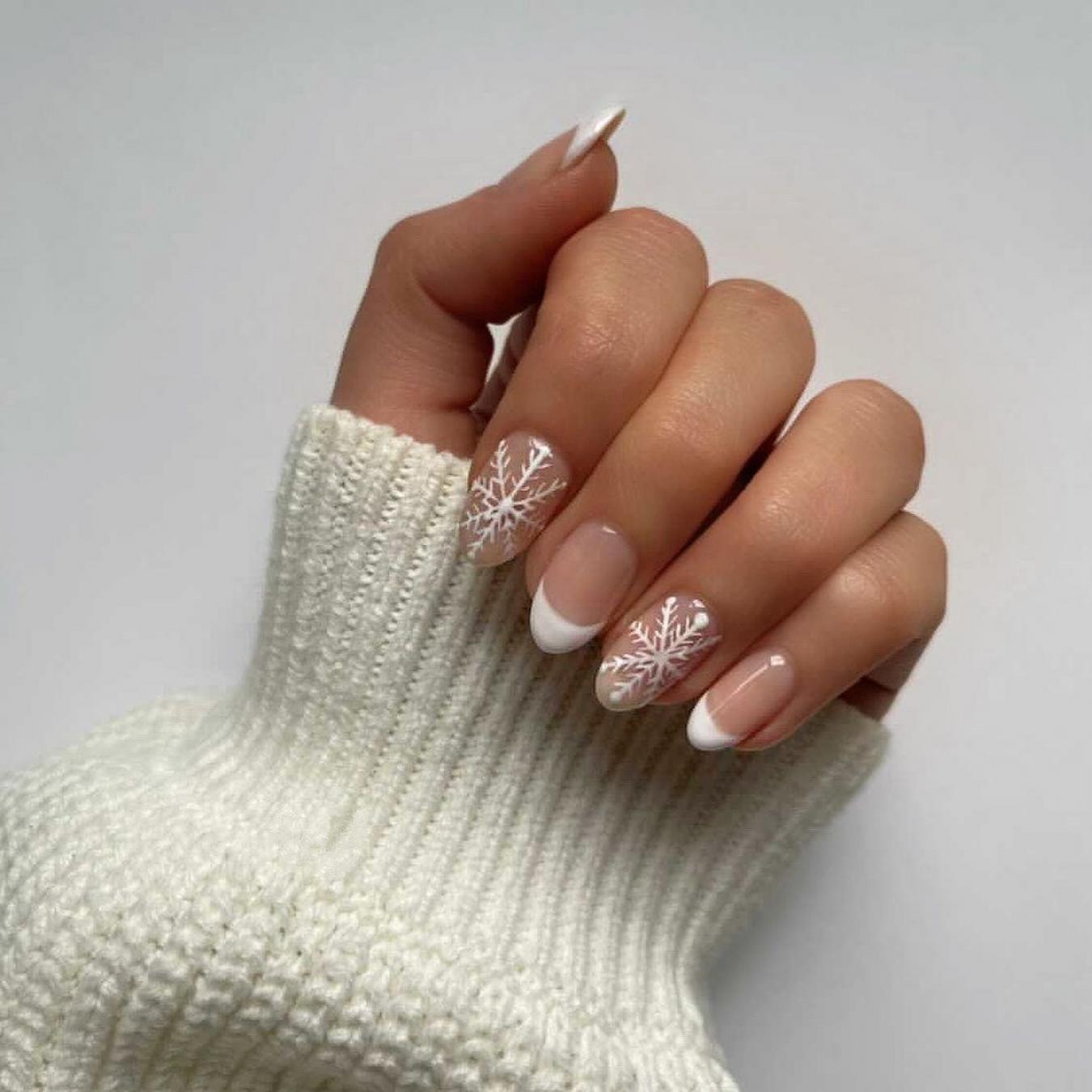 Medium Almond Snowflake French Tip Nails Medium Almond Snowflake French Tip Nails — Holiday Nail Designs