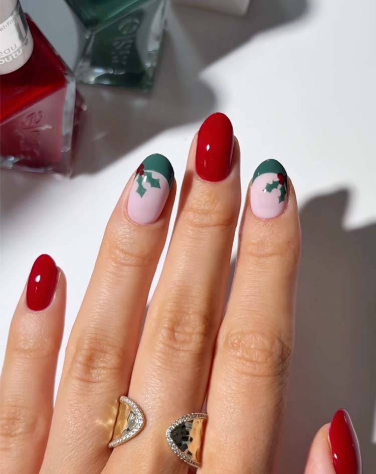 Short Oval Holly Berry Red French Tip Nails Short Oval Holly Berry Red French Tip Nails — Holiday Nail Designs