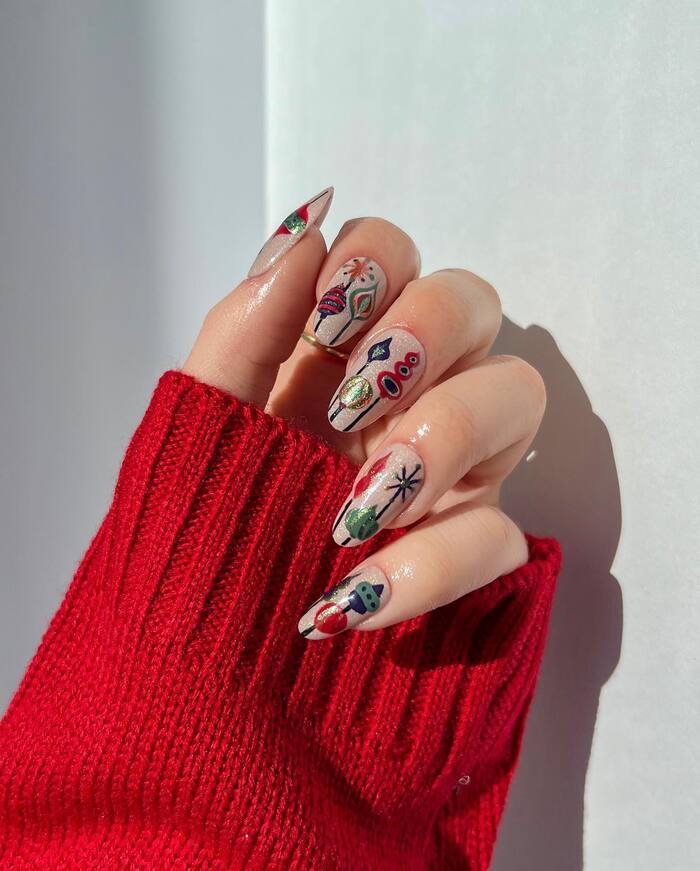Long Stiletto Christmas Ornament Illustration Nails Long Stiletto Christmas Ornament Illustration Nails — Holiday Nail Designs