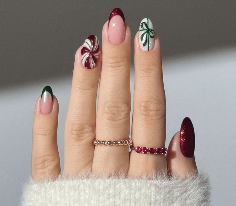 Long Almond Candy Cane Bow French Tip Nails Long Almond Candy Cane Bow French Tip Nails — Holiday Nail Designs