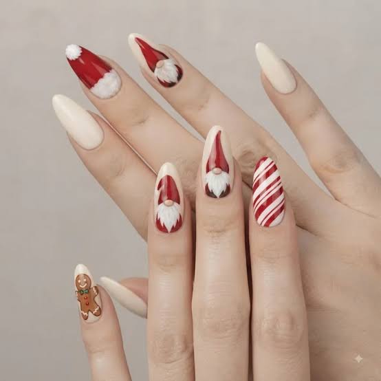 Long Almond Gnome Gingerbread Candy Cane Nails Long Almond Gnome Gingerbread Candy Cane Nails — Holiday Nail Designs
