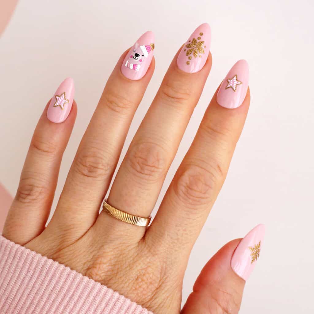 Long Almond Bear Star Embellishment Nails Long Almond Bear Star Embellishment Nails — Holiday Nail Designs