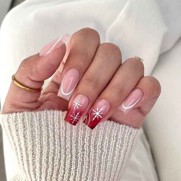 Long Square Red Snowflake French Tip Nails Long Square Red Snowflake French Tip Nails — Holiday Nail Designs