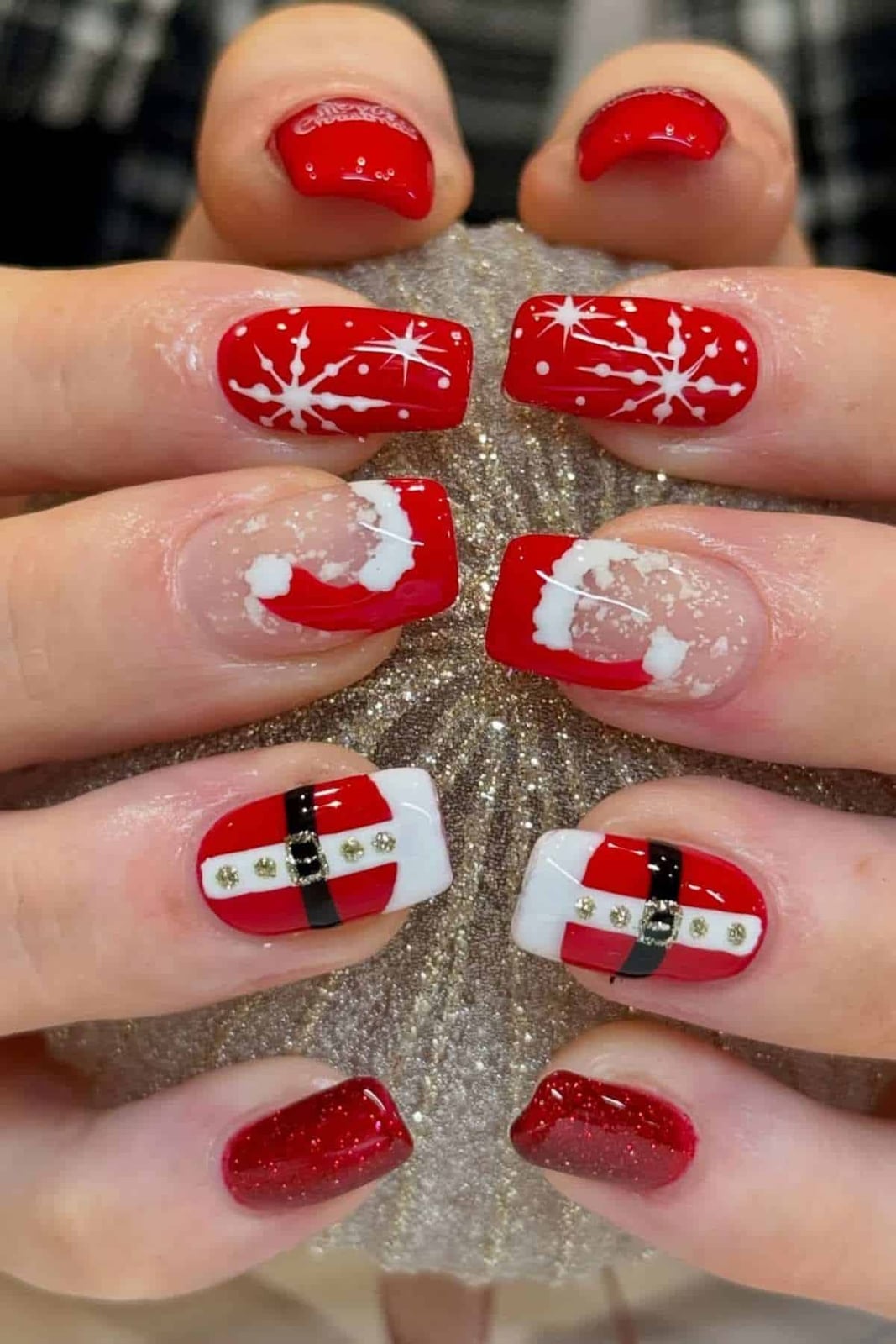 Medium Square Santa Suit Glitter Nails Medium Square Santa Suit Glitter Nails — Holiday Nail Designs