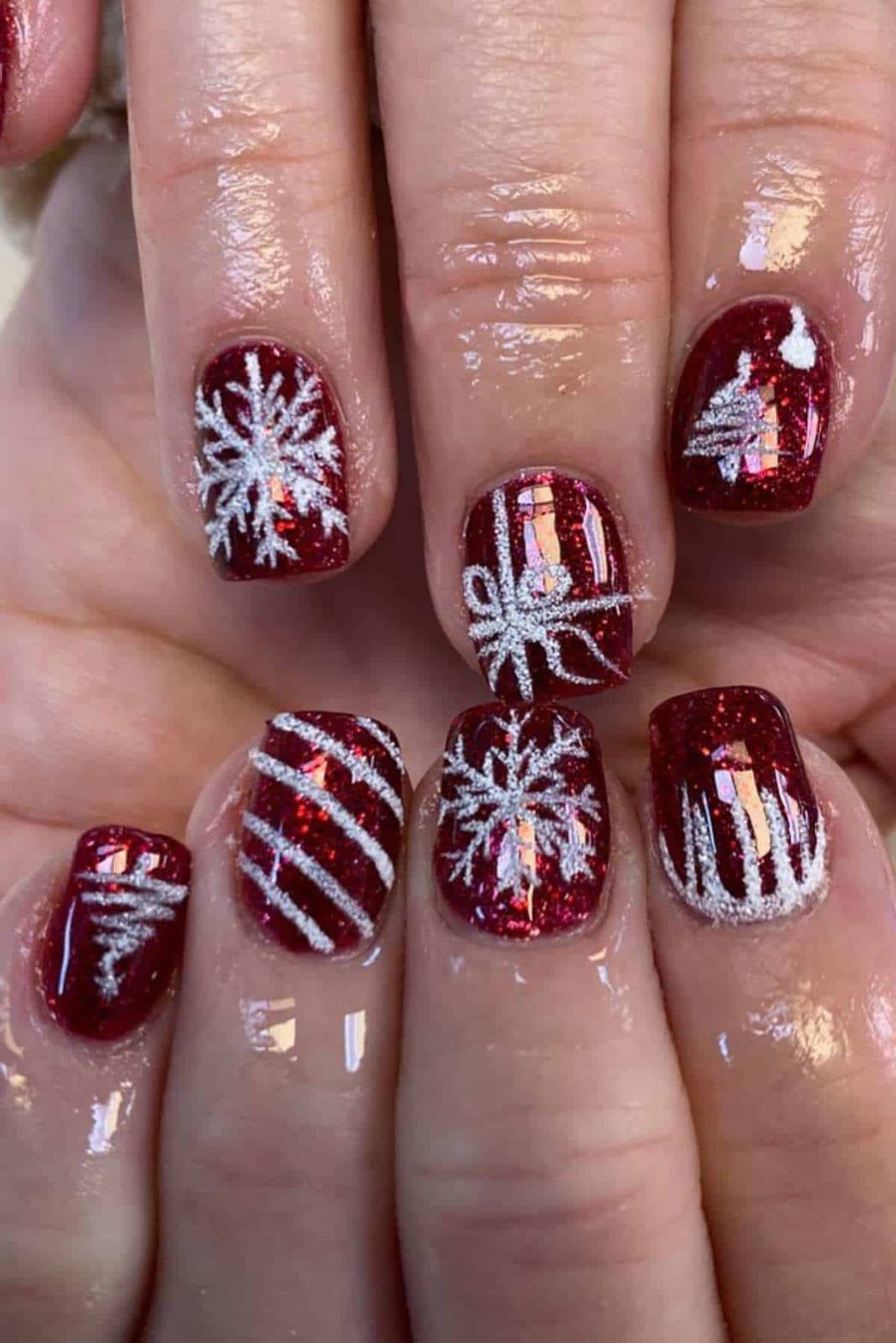 Short Square Deep Red Silver Glitter Nails Short Square Deep Red Silver Glitter Nails — Holiday Nail Designs