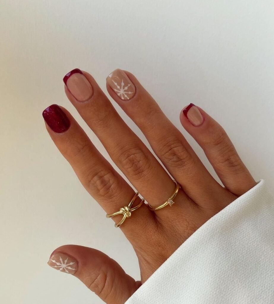 Short Square Deep Red Snowflake Nails Short Square Deep Red Snowflake Nails — Holiday Nail Designs