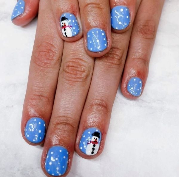 Short Square Snowman Light Blue Polka Dot Nails Short Square Snowman Light Blue Polka Dot Nails — Holiday Nail Designs