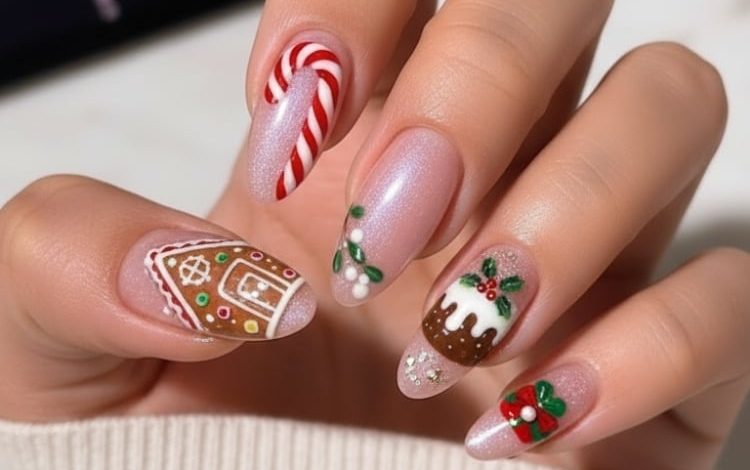 Cute Gingerbread House & Candy Cane Christmas Holiday Nails