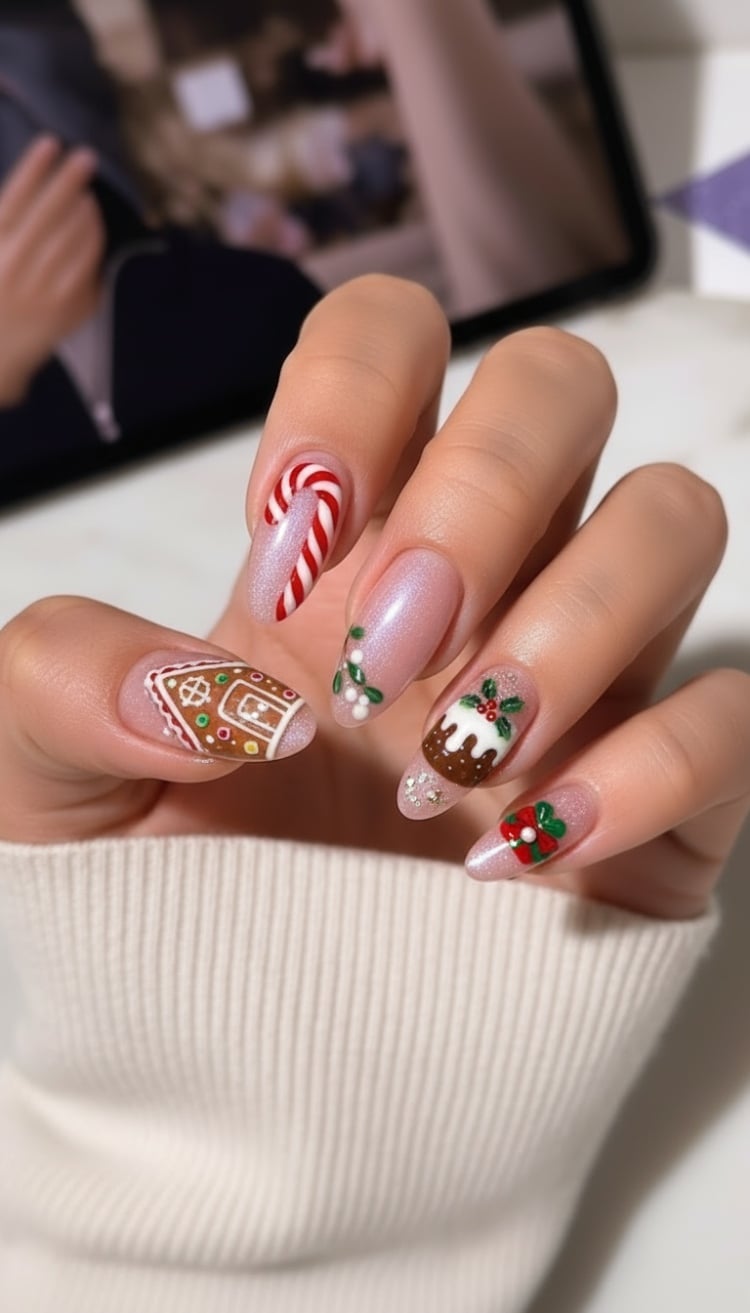 Festive Christmas Character Almond Nails Festive Christmas Character Almond Nails — Holiday Nails