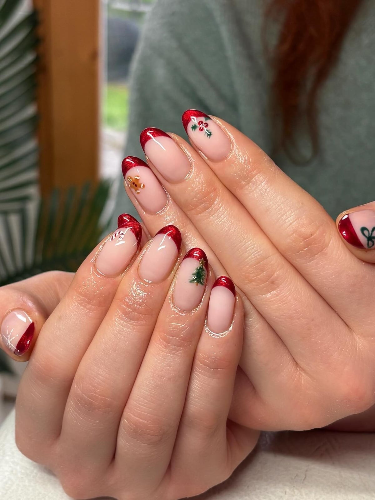 Oval Gingerbread Man Red French Tip Nails, And A Small Christmas Tree Oval Gingerbread Man Red French Tip Nails, And A Small Christmas Tree — Holiday Nails