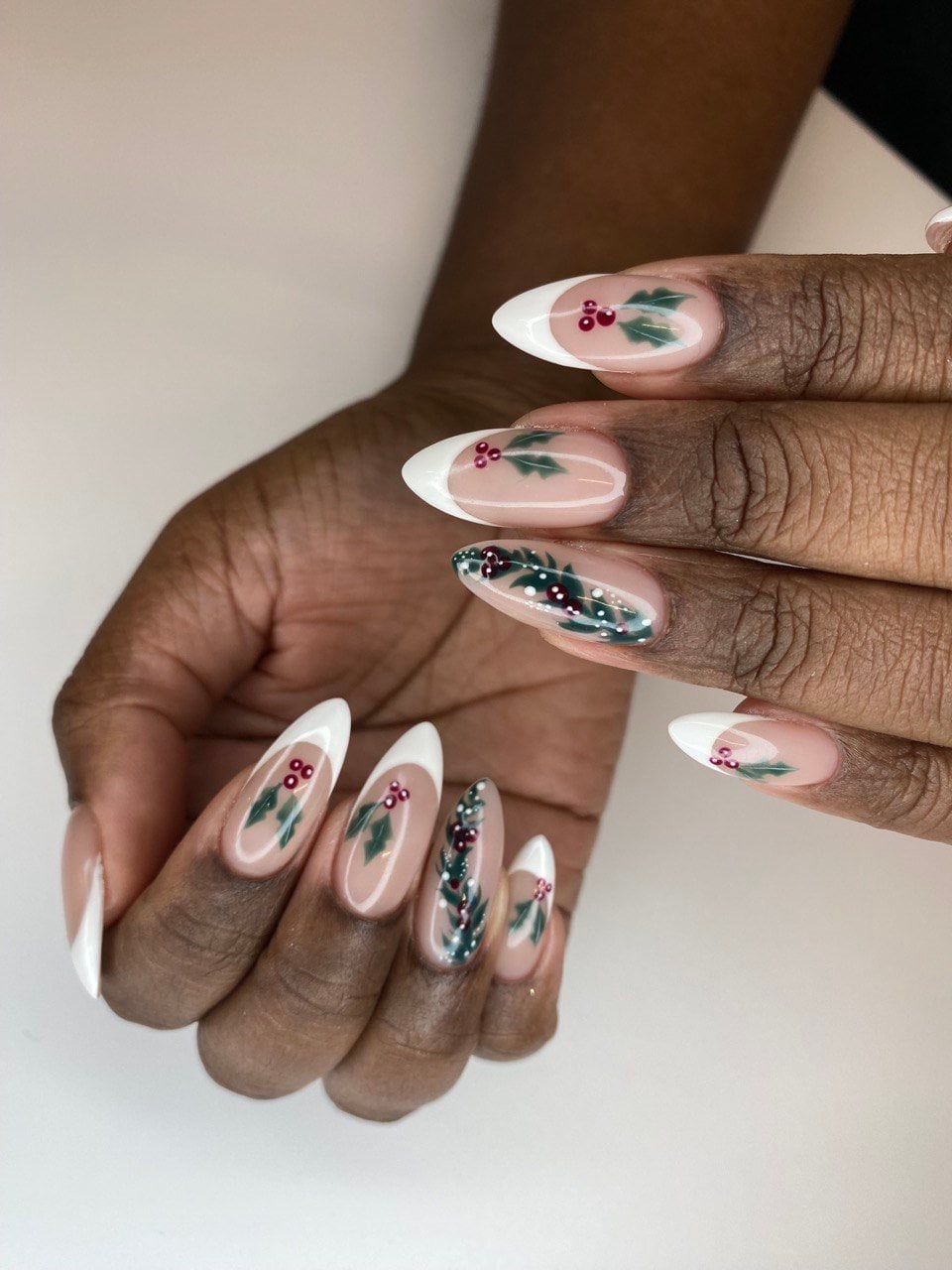 Long Almond Holly Branch French Tip Nails Long Almond Holly Branch French Tip Nails — Holiday Nails