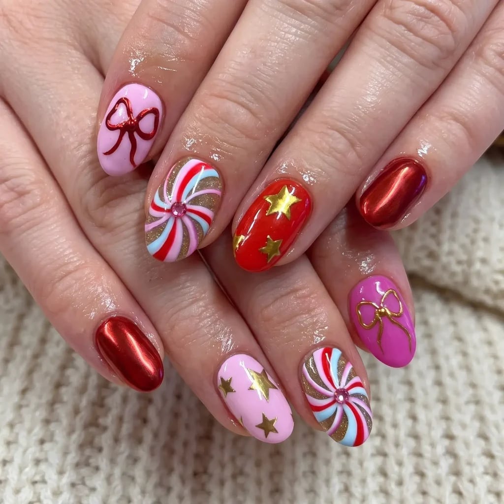 Oval Pink Bow and Candy Cane Nails Oval Pink Bow and Candy Cane Nails — Holiday Nails