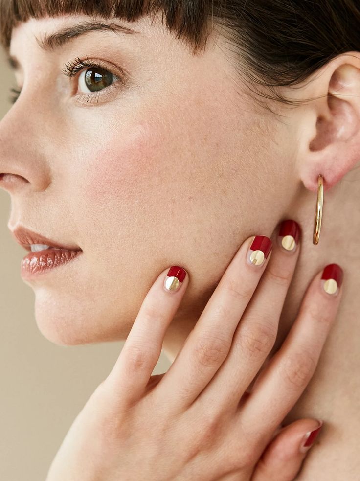 Oval Red and Gold Half Moon Nails Oval Red and Gold Half Moon Nails — Holiday Nails