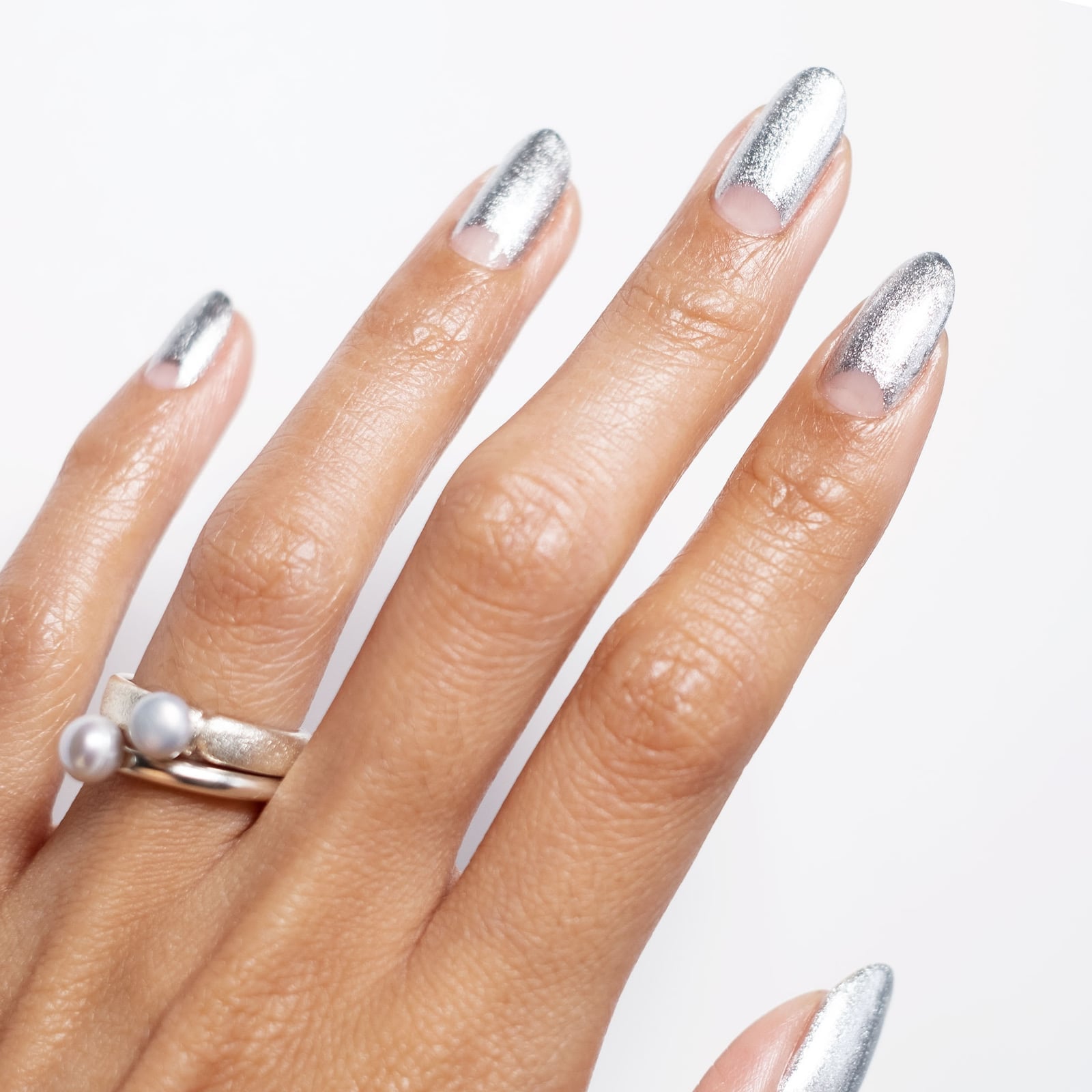 Medium Almond Chrome Silver French Nails Medium Almond Chrome Silver French Nails — Holiday Nails