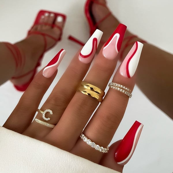 Extra Long Coffin Red White Swirl Nails Extra Long Coffin Red White Swirl Nails — Holiday Nails