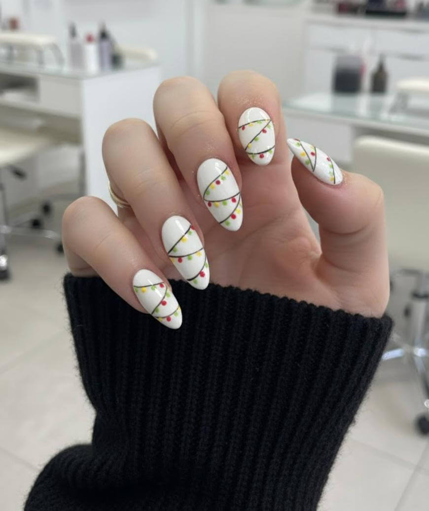 White Christmas Lights Medium Almond Nails White Christmas Lights Medium Almond Nails — Holiday Nails