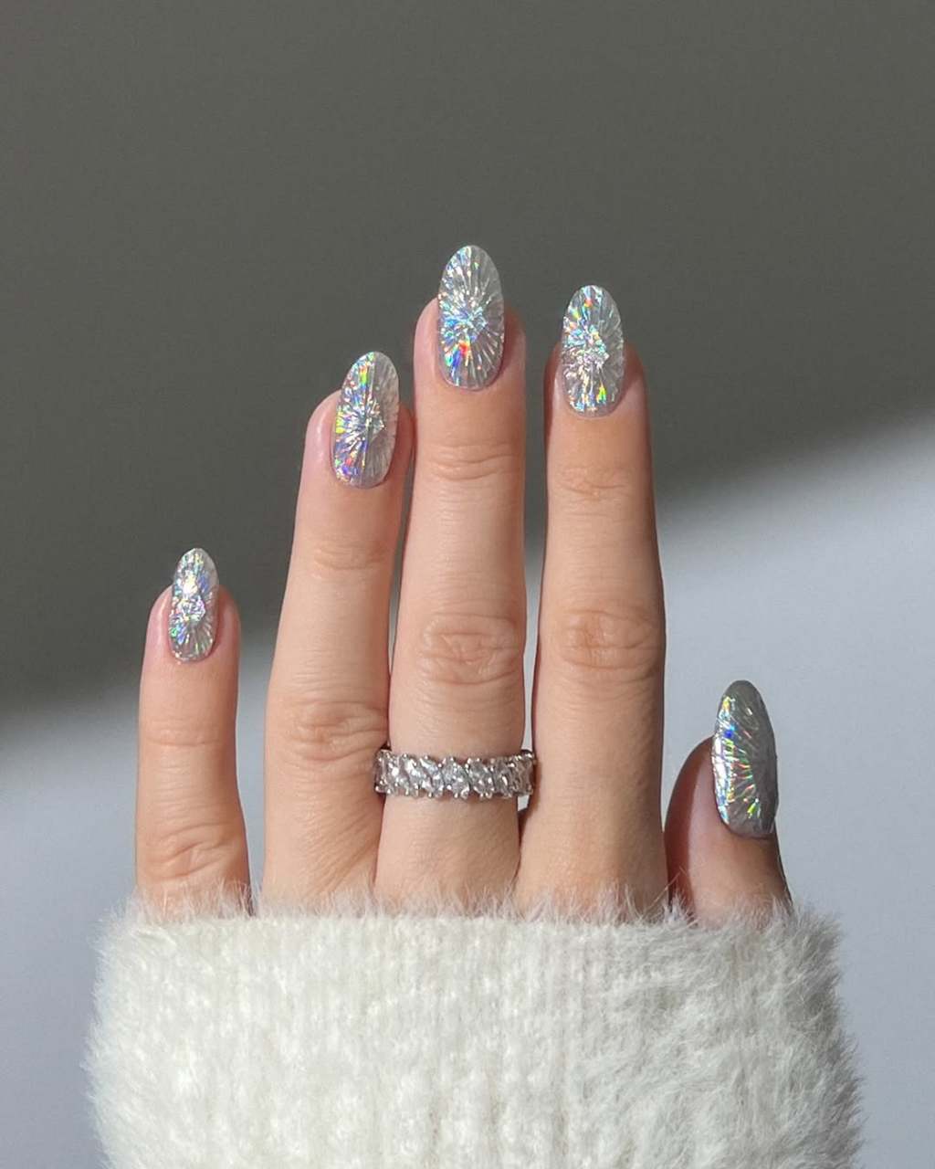 Radiant Silver Holographic Medium Almond Nails Radiant Silver Holographic Medium Almond Nails — Holographic Nails