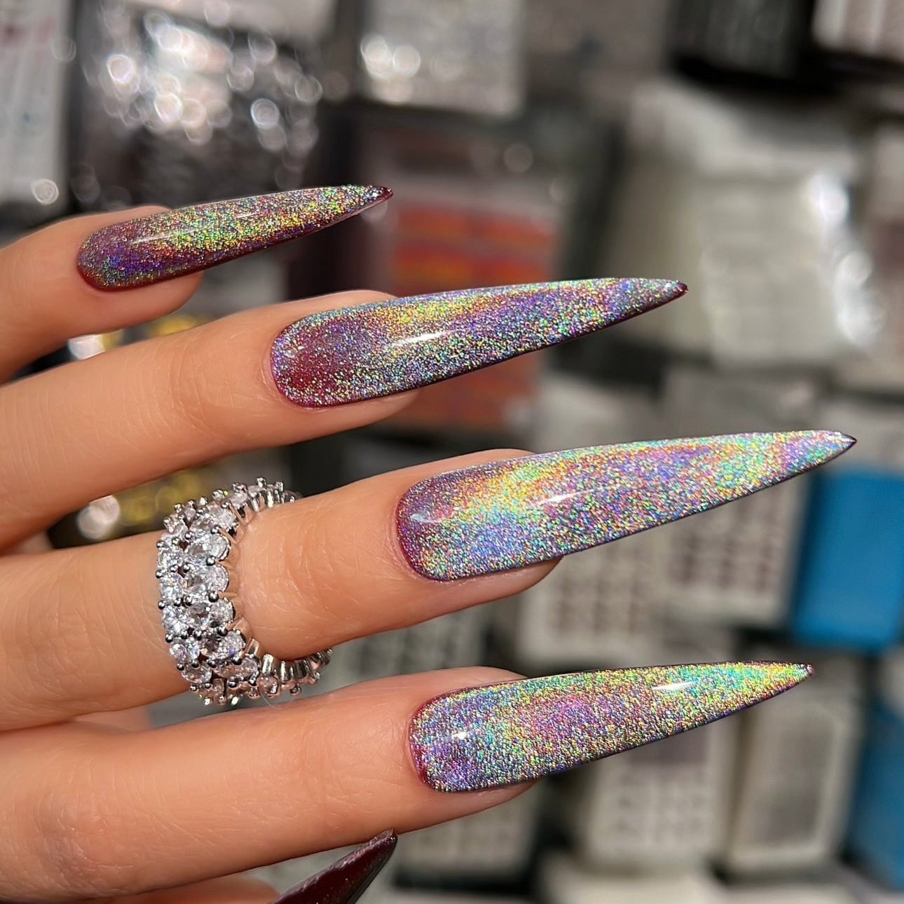 Deep Red Holographic Glitter Extra Long Stiletto Deep Red Holographic Glitter Extra Long Stiletto — Holographic Nails