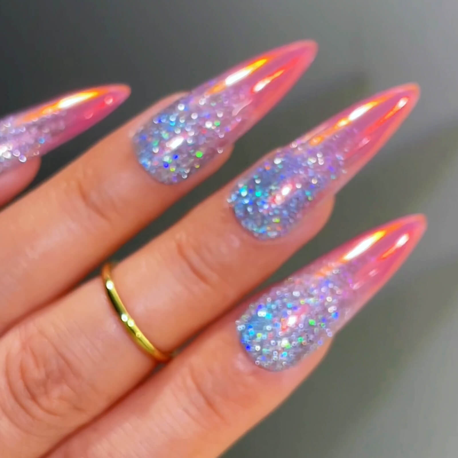 Pink Chrome Tip Silver Glitter Long Stiletto Pink Chrome Tip Silver Glitter Long Stiletto — Holographic Nails