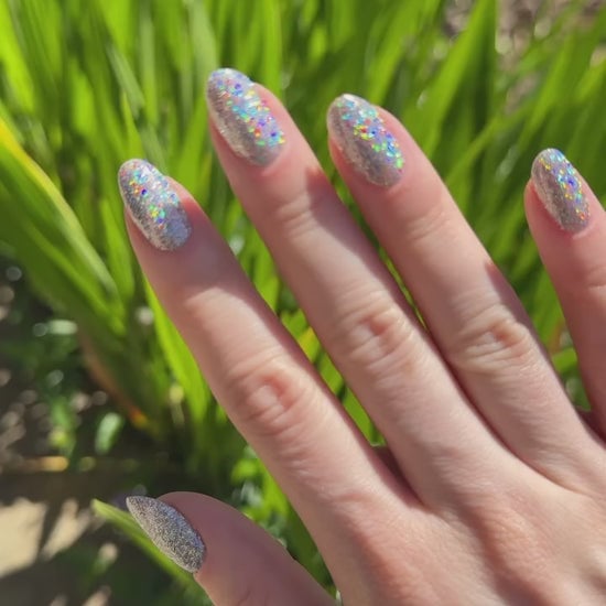 Iridescent White Holographic Chrome Medium Almond Iridescent White Holographic Chrome Medium Almond — Holographic Nails