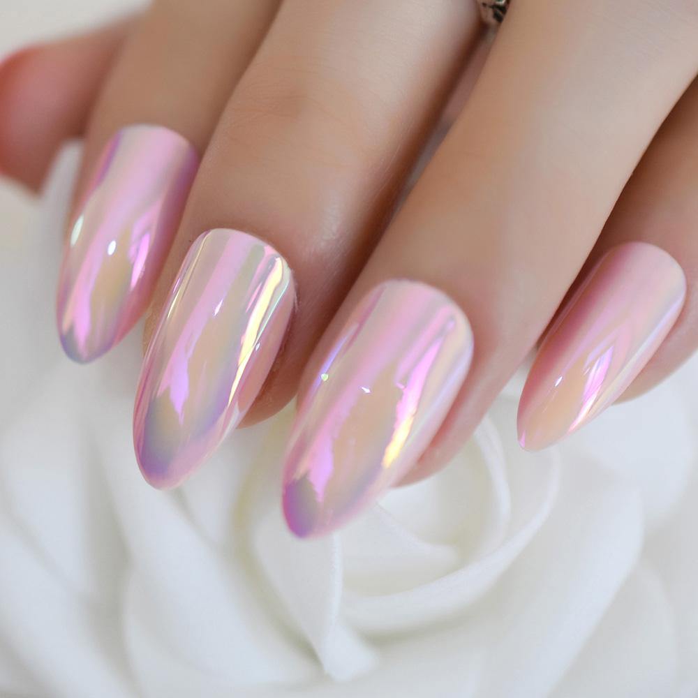 Pale Pink Milky Iridescent Sheen Medium Almond Pale Pink Milky Iridescent Sheen Medium Almond — Holographic Nails