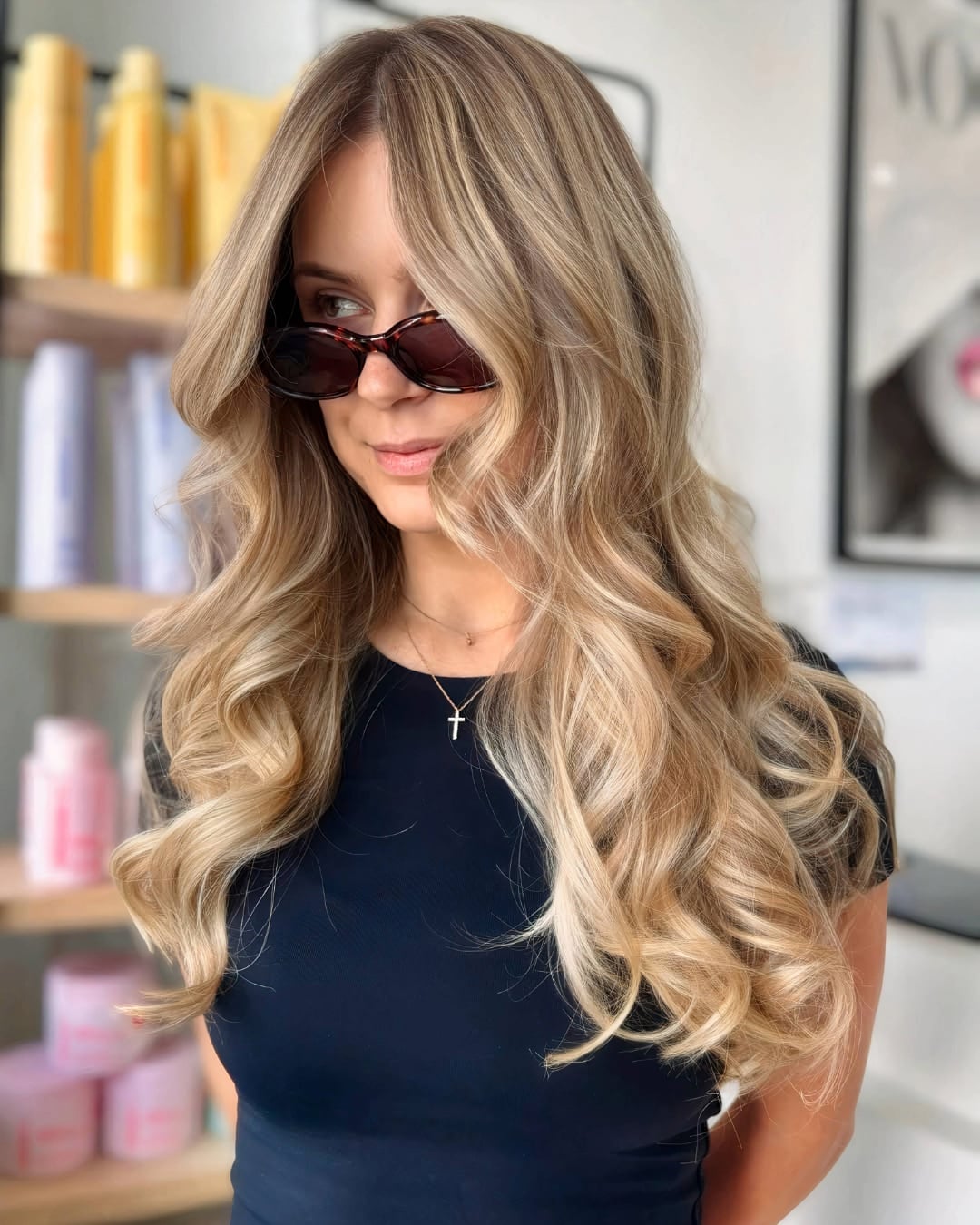 Mid-Back Honey Blonde Balayage With Voluminous Blowout, Wavy
